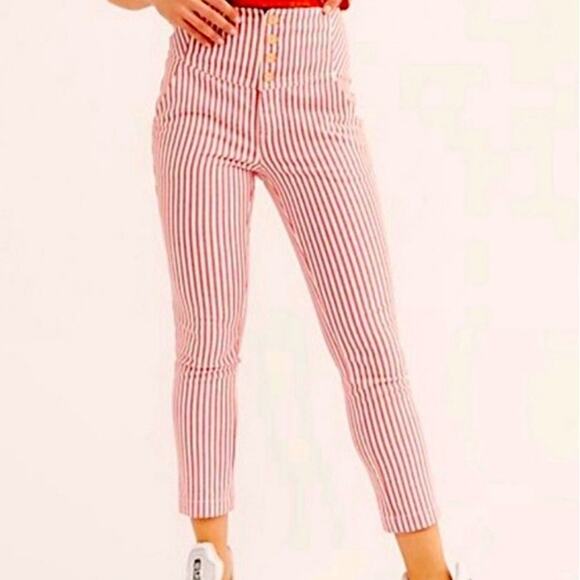 Free People Frankie Y2K High Rise Crop Pants 2 Red White Stripe Button Fly Twee - Picture 2 of 15